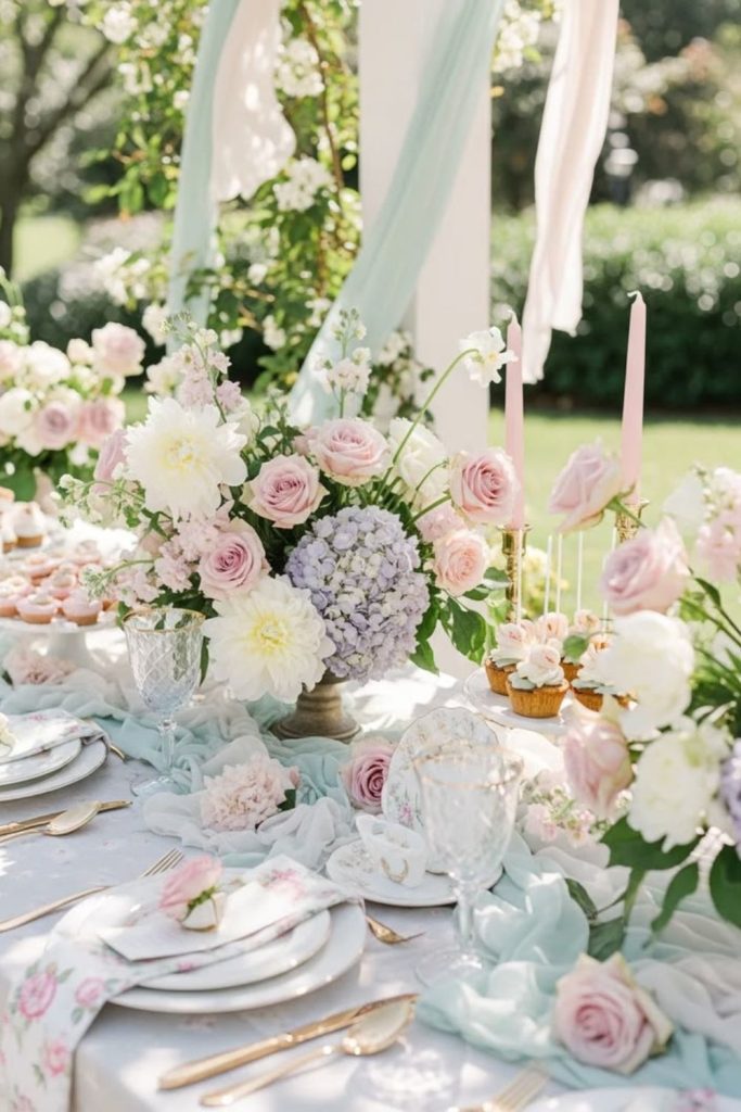 Vintage lace pastel bridal shower table