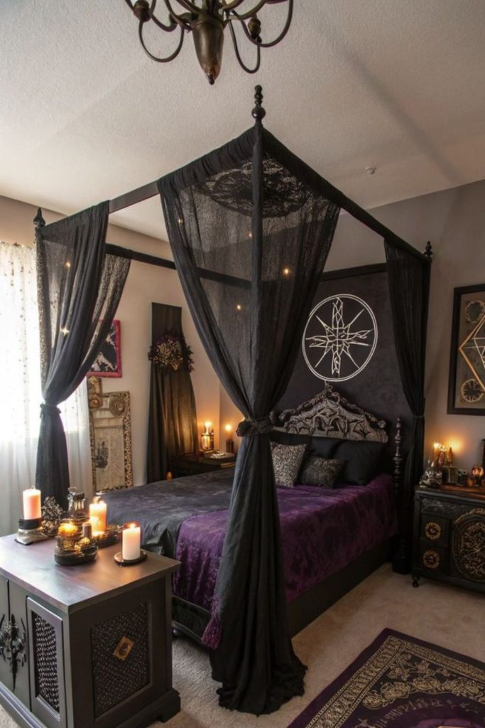 Vintage black canopy bed antique style bedroom.