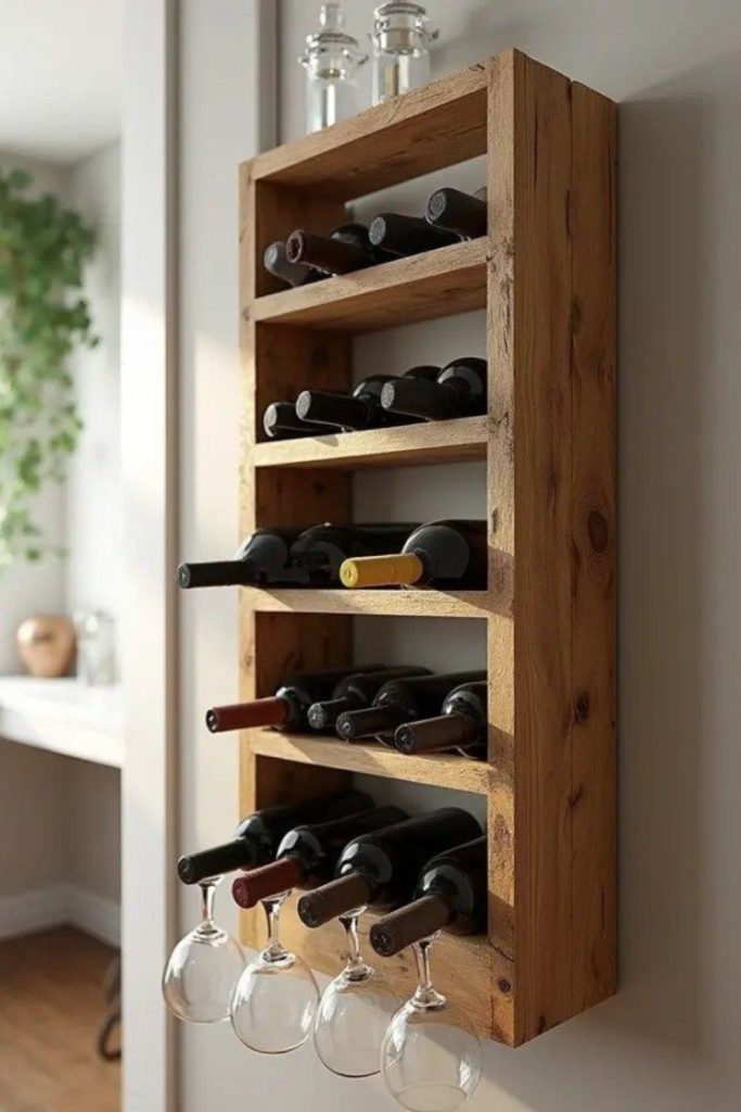 Wall wine rack with wooden slats