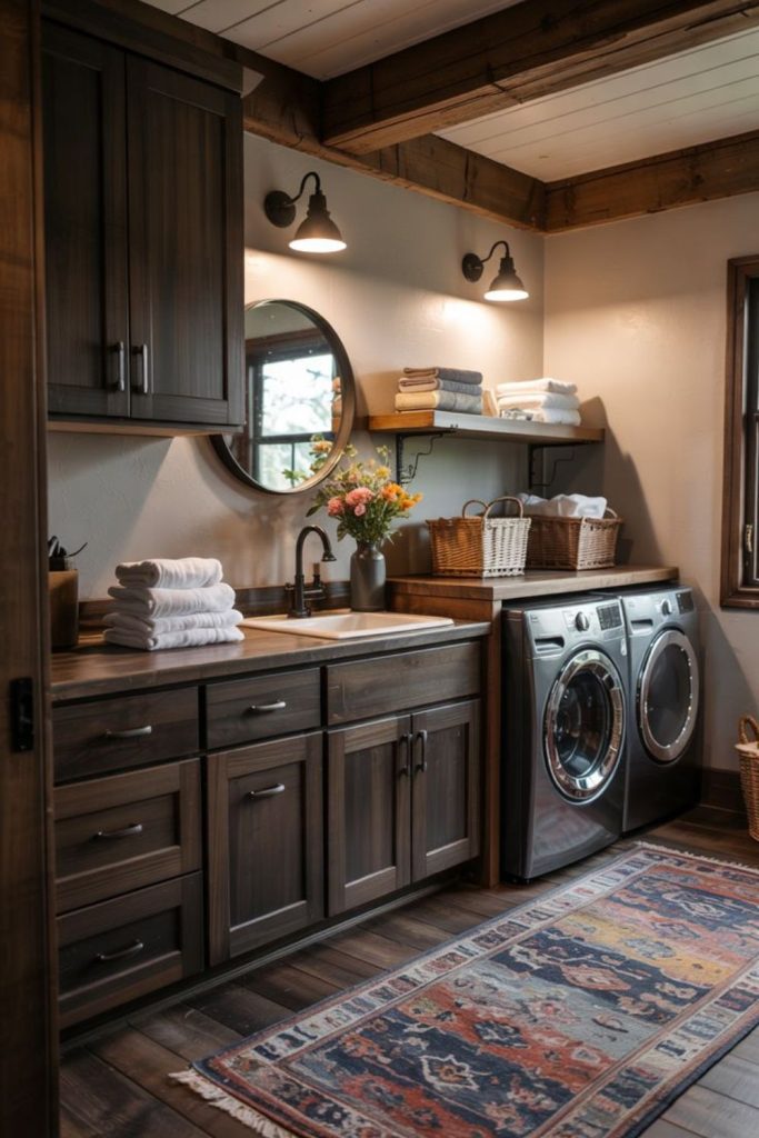 Walnut carved sink on matching cabinetry