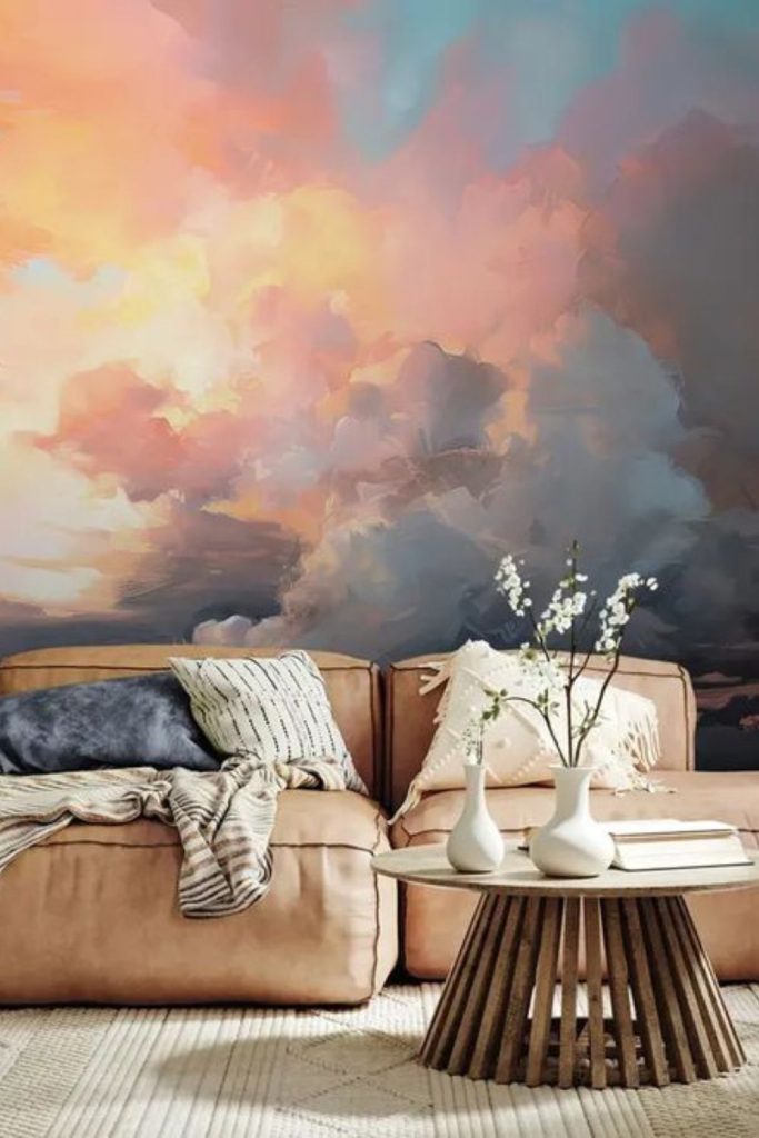 Soft watercolor mural in pastel hues.