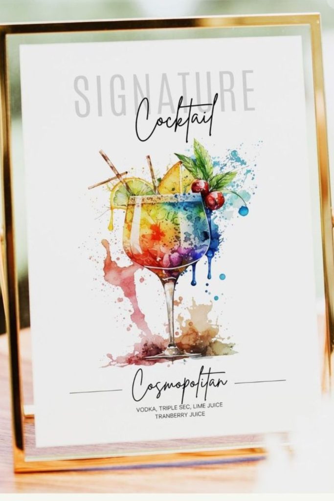 Watercolor splash artistic cocktail sign display