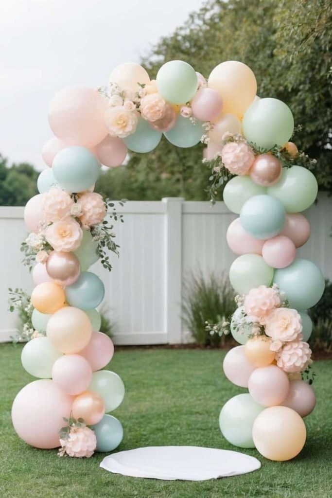 Pastel balloon arch creating playful entrance.