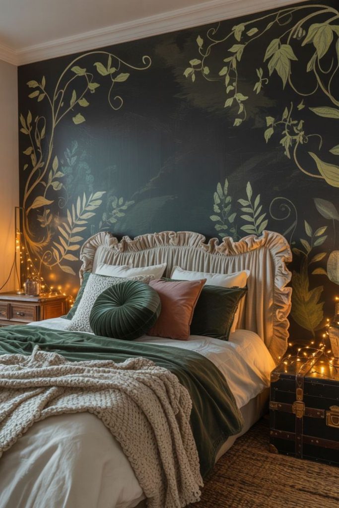 Sage green walls with botanical murals.