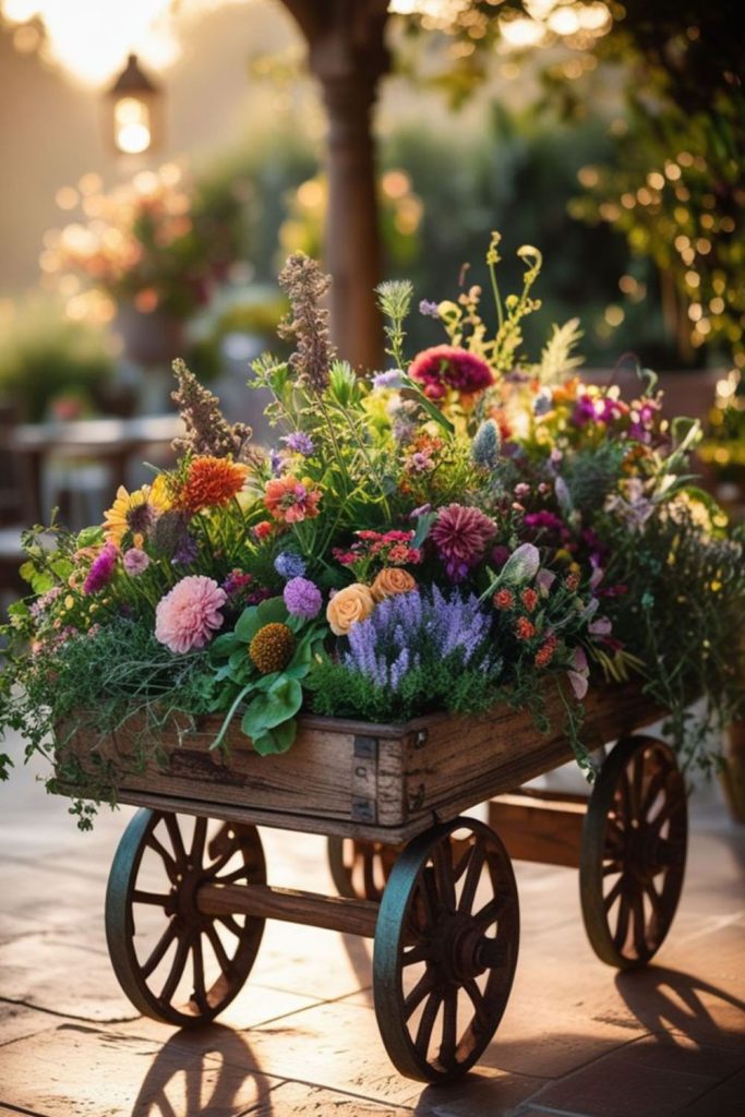 Pastel blooms spilling over rustic wagon
