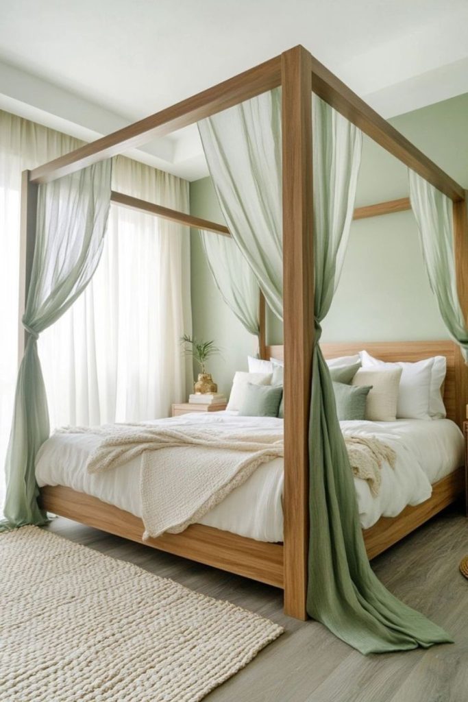 Soft draped bed with green accents