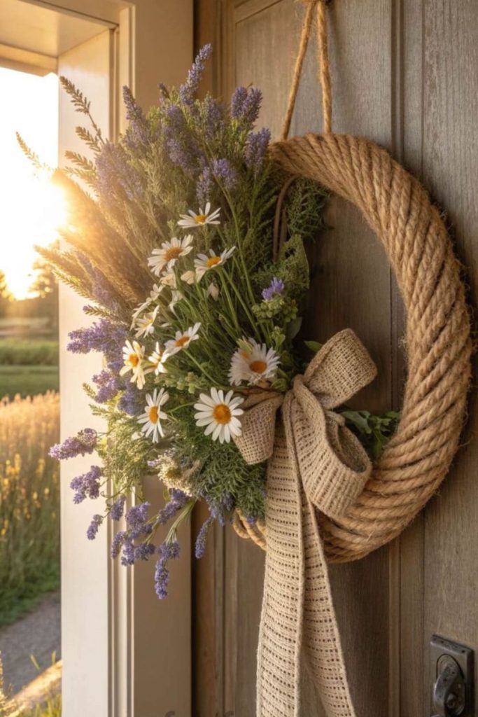 Wildflowers spilling from rustic burlap frame