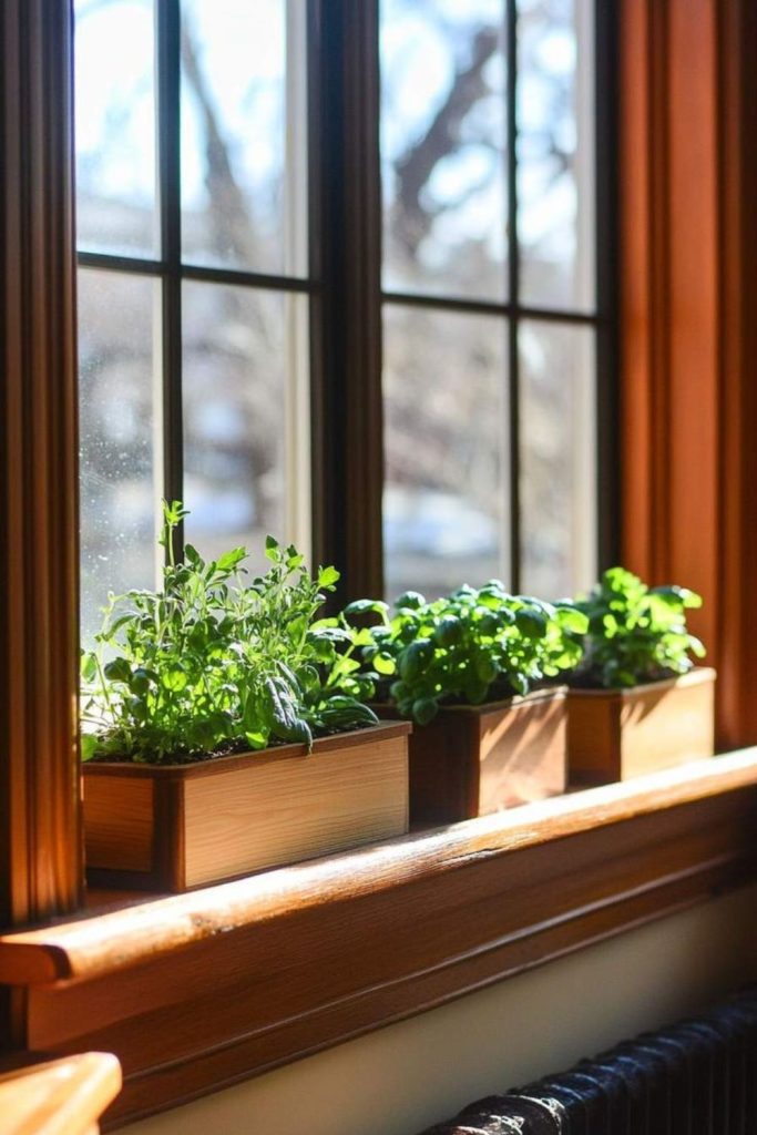 Window ledge herb plant row