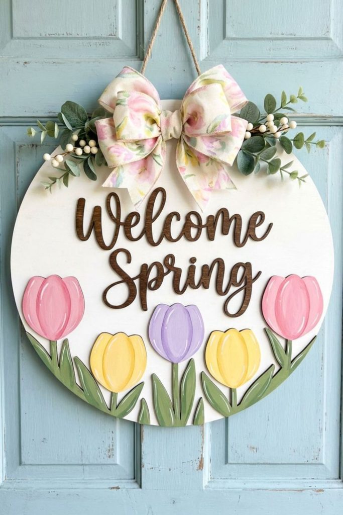 Crooked tulips peeking from wooden hoop