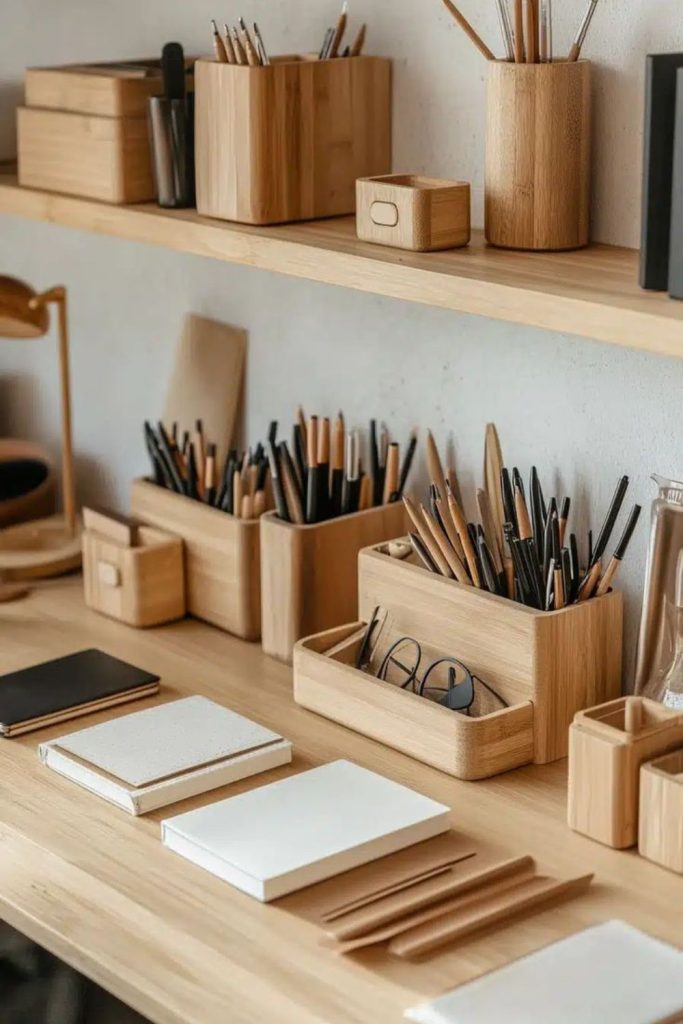 Desk organizer with multiple wooden compartments