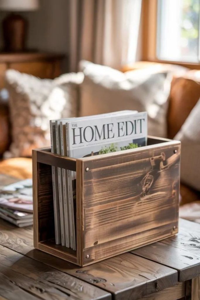 Slanted wooden rack for magazines