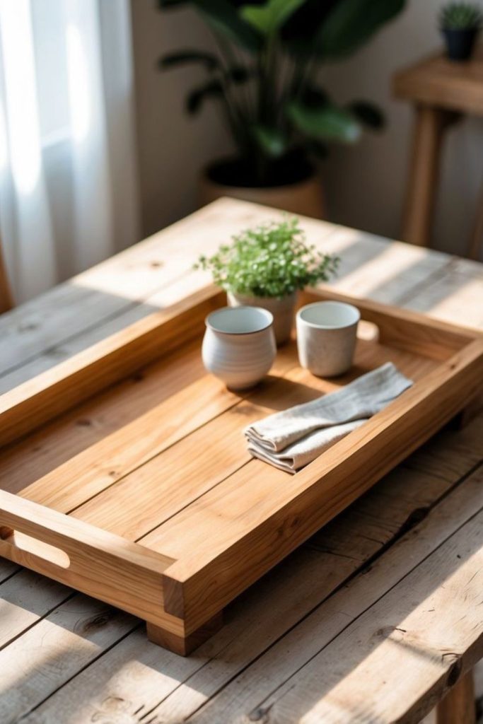 Wooden tray with handles for serving