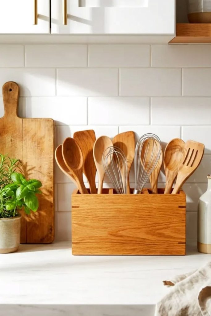 Wooden holder for kitchen utensils