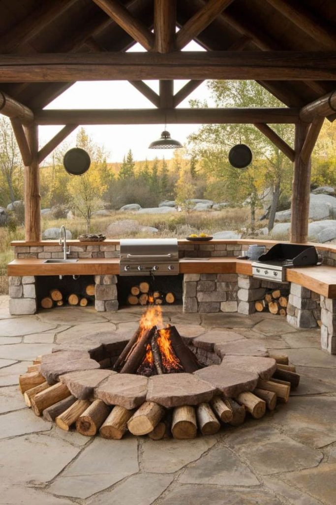 Circular stone firepit and grill