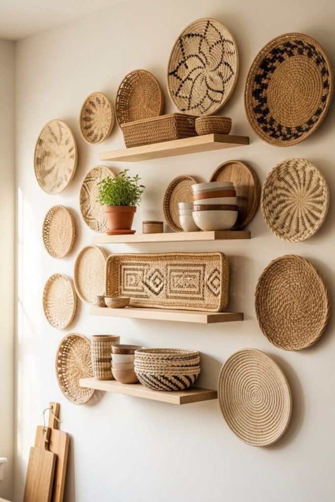 Woven basket cluster wall decor.