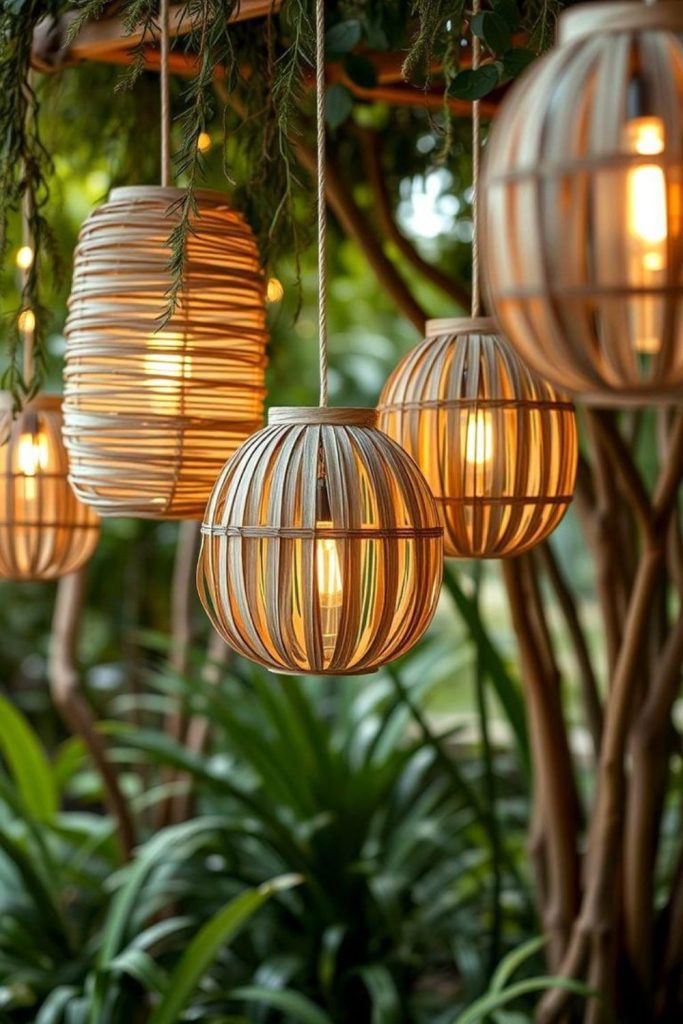 Vine-wrapped baskets glowing as hanging lamps.