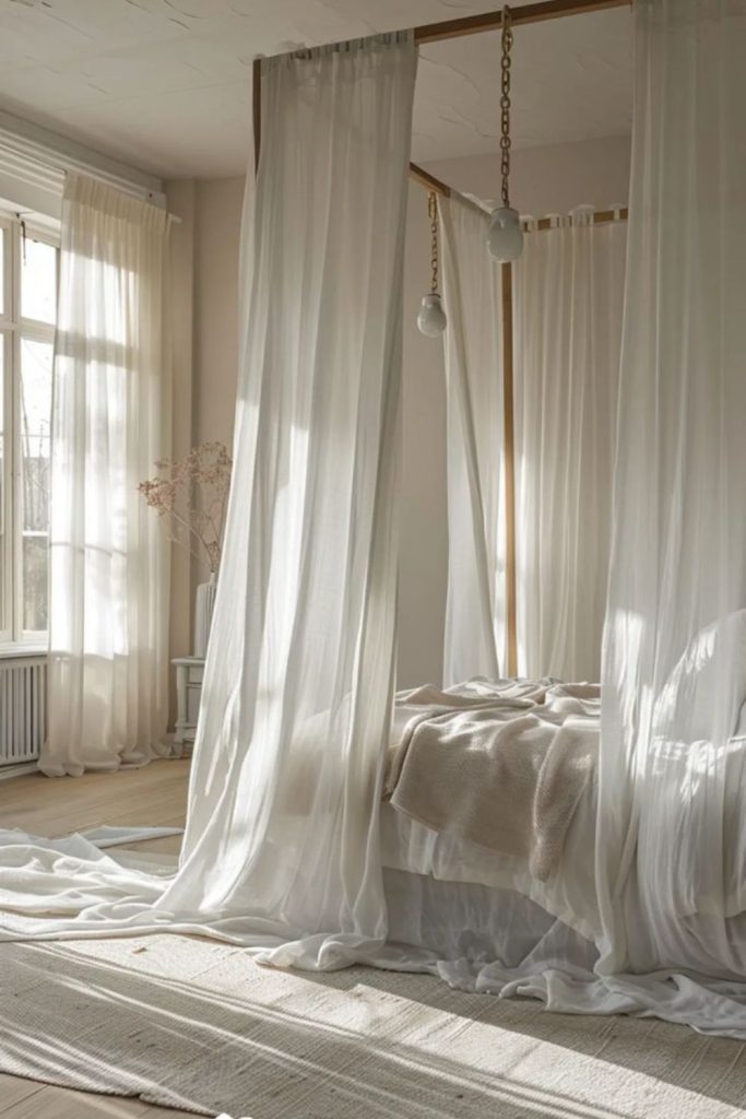 Sparse timber frame white flowing drapes