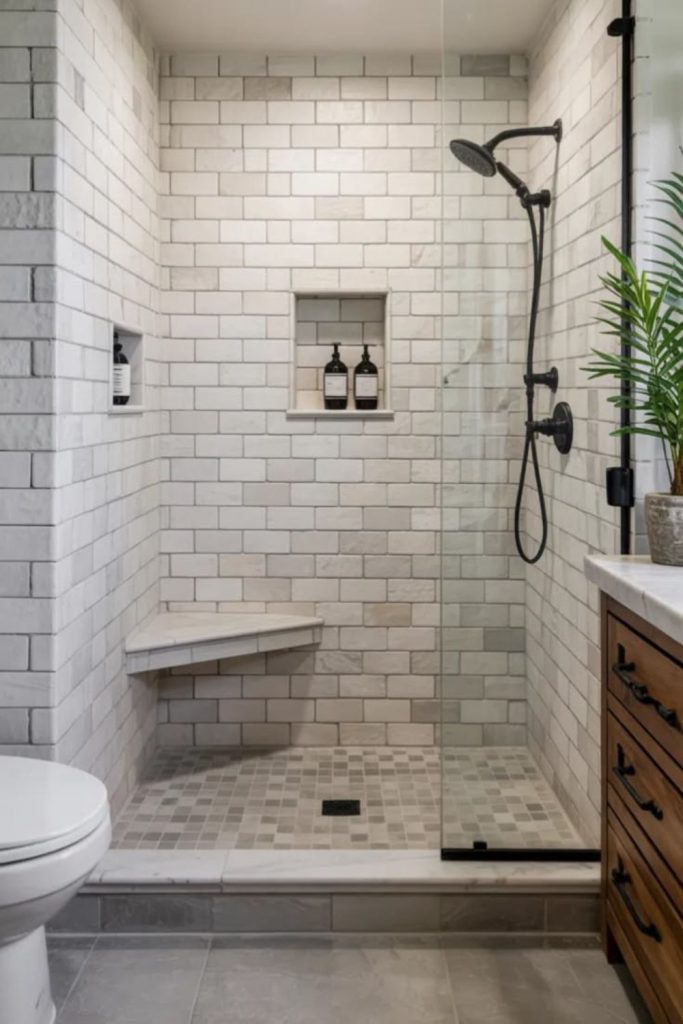 “Bathroom with pebble flooring and greenery”
