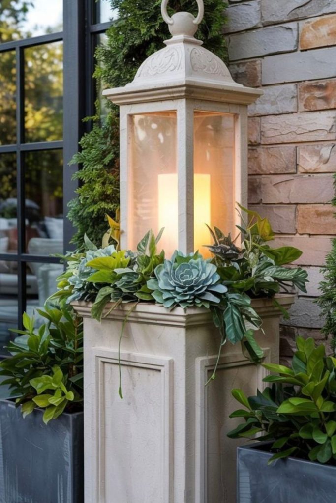 Antique lantern inspired planter tower structure