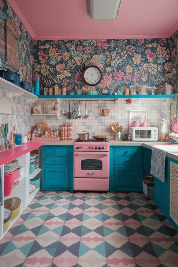 Artistic splash kitchen with paint inspired design.