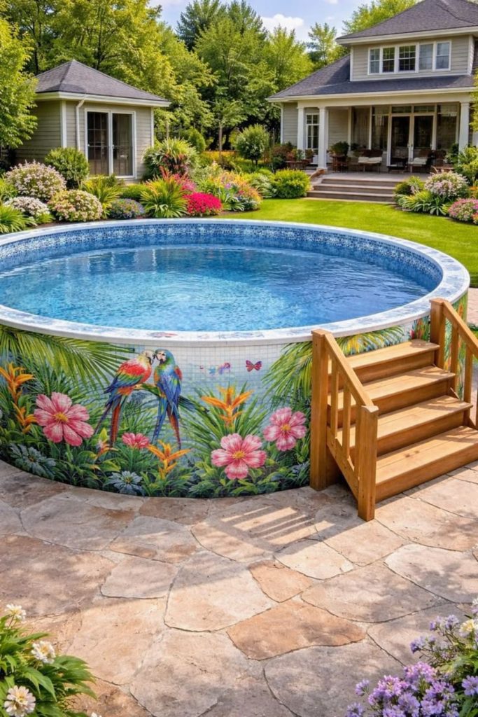 Painted artistic pool, vibrant creative backyard centerpiece design.