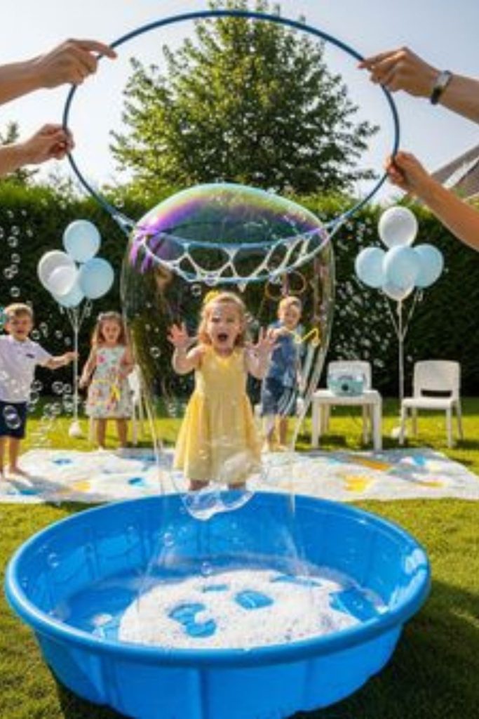 Bubble zone kids chasing floating backyard soap bubbles