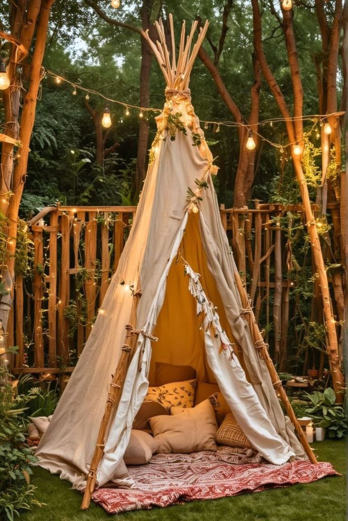 Backyard camping tent imaginative play setup.