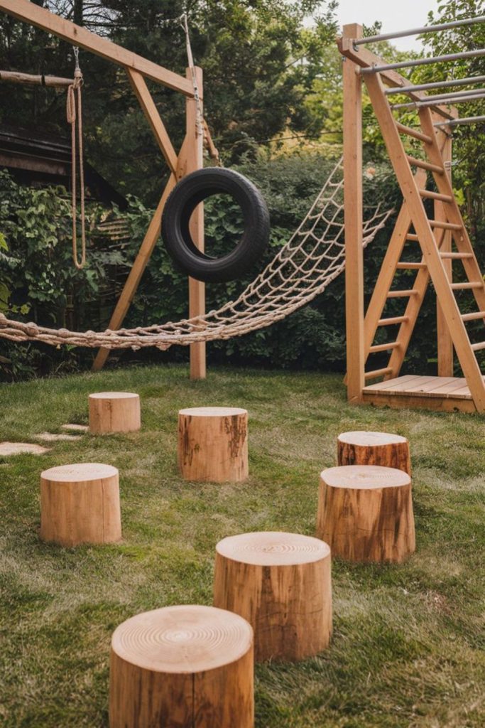 Kids jungle rope climbing backyard play area.