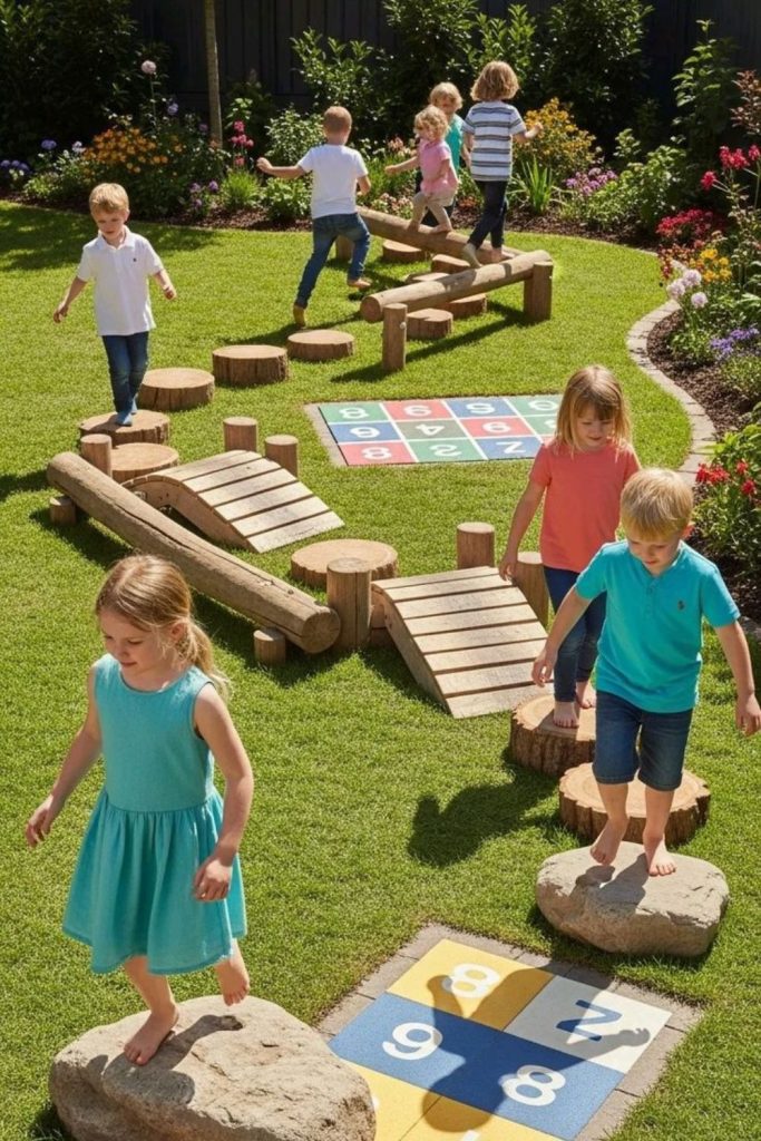 Obstacle path kids running crawling backyard challenge course