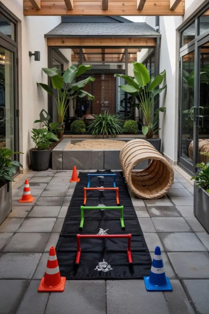 Backyard obstacle sprint running kids challenge track.