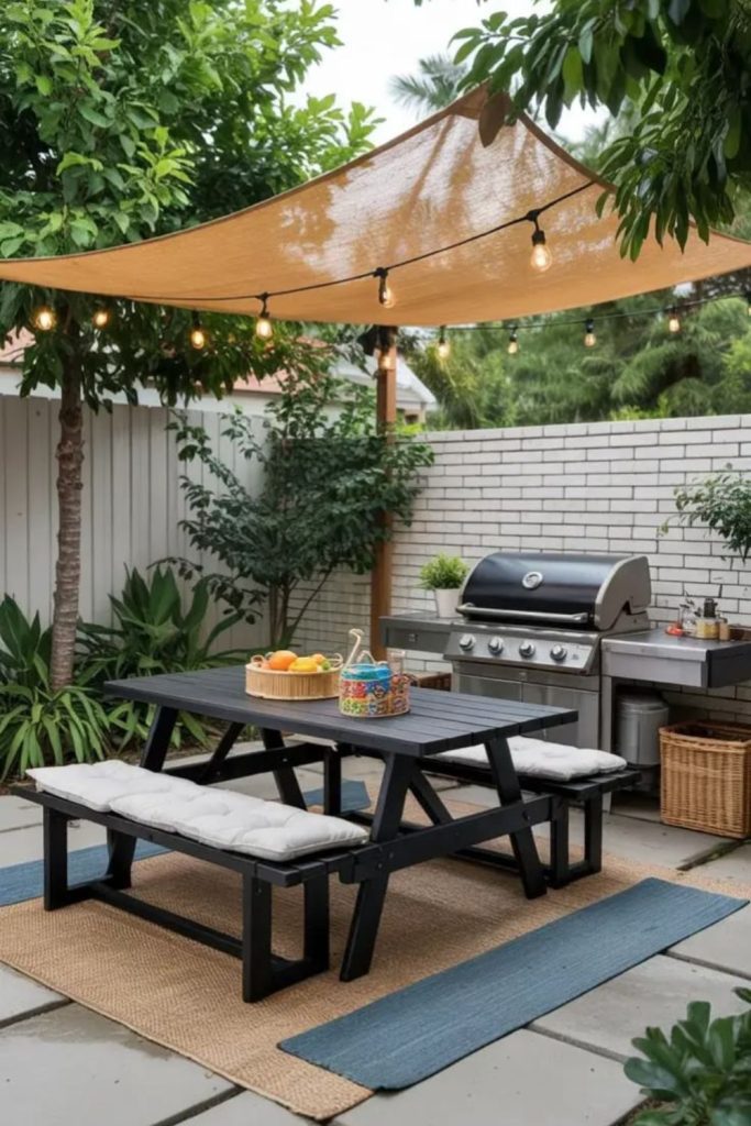 Outdoor rug BBQ cozy lounge setup.