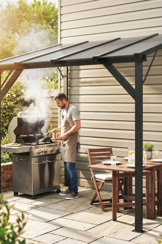 Tarp shade barbecue casual backyard scene.