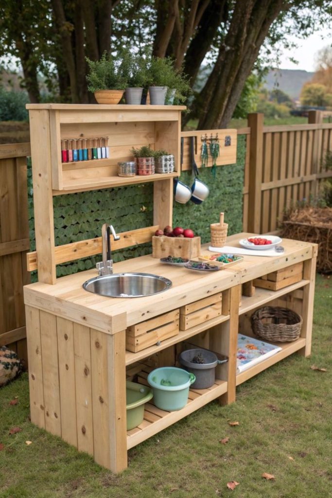 Bamboo frame airy mud kitchen setup