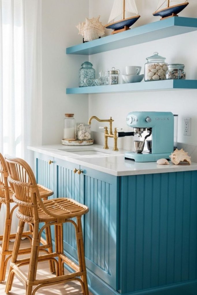 Beach shack relaxed coastal coffee groove setup.