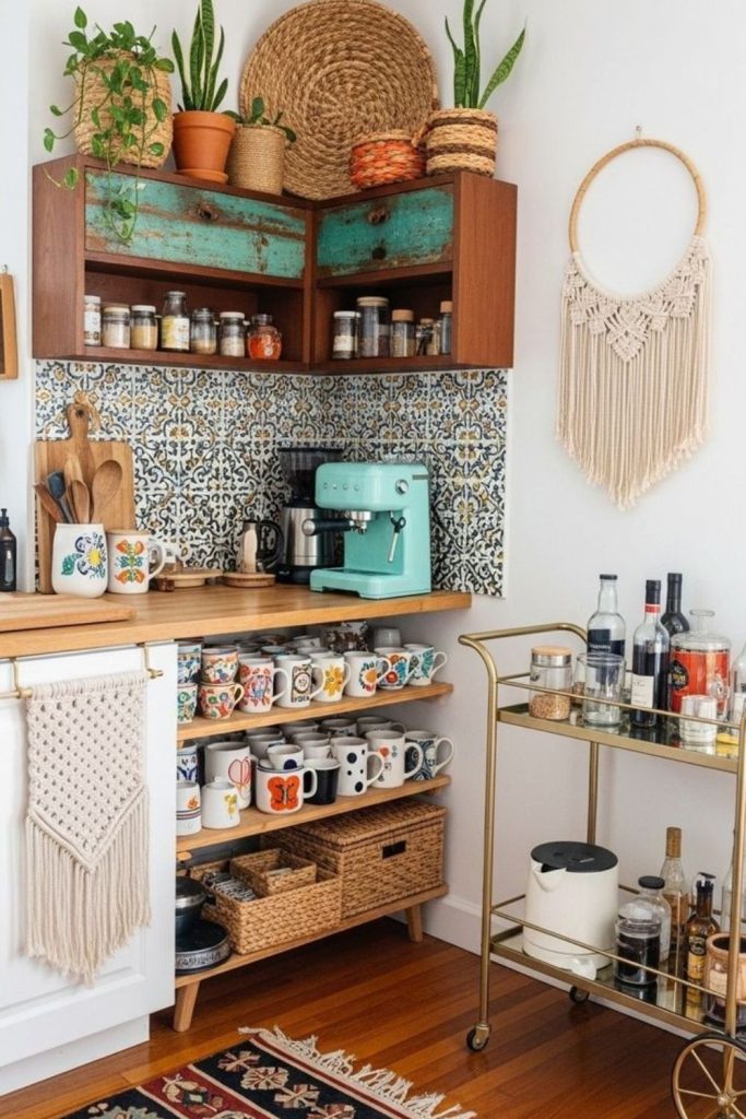 Bohemian colorful relaxed artistic coffee corner setup.