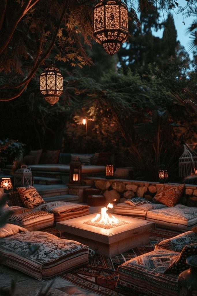 Colorful boho outdoor fire lounge
