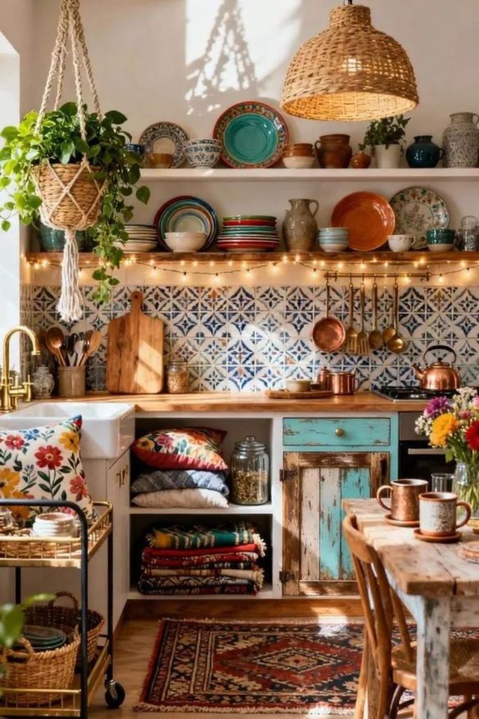 Bohemian spice bazaar kitchen with rich textures.