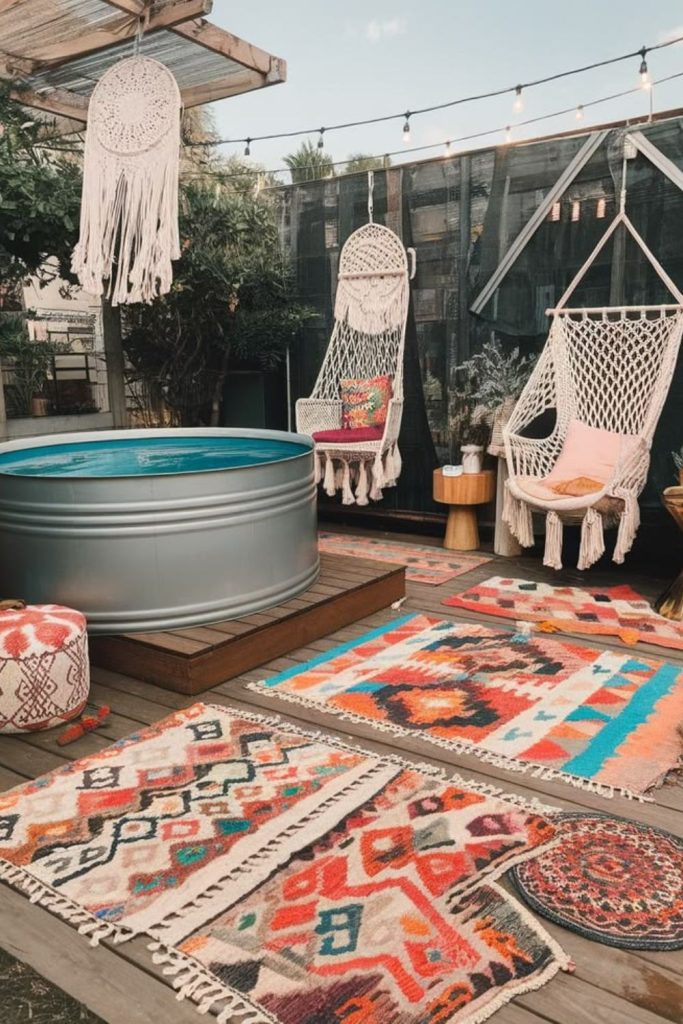 Boho fabric wrapped pool, relaxed airy backyard aesthetic.