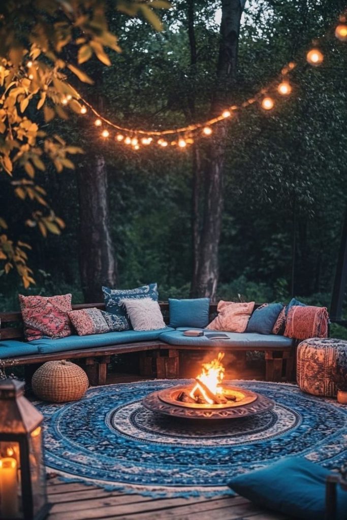 Boho tapestry cozy fire pit nook