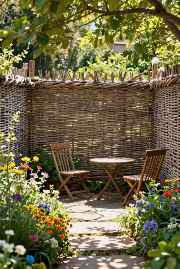 Rustic branch woven garden fence