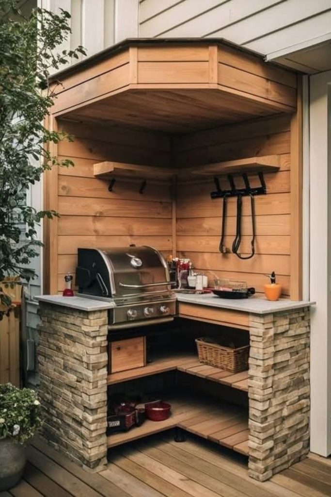 Brick corner grill cozy outdoor nook.
