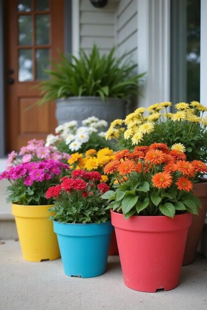 Bright plastic colorful flower pot display.