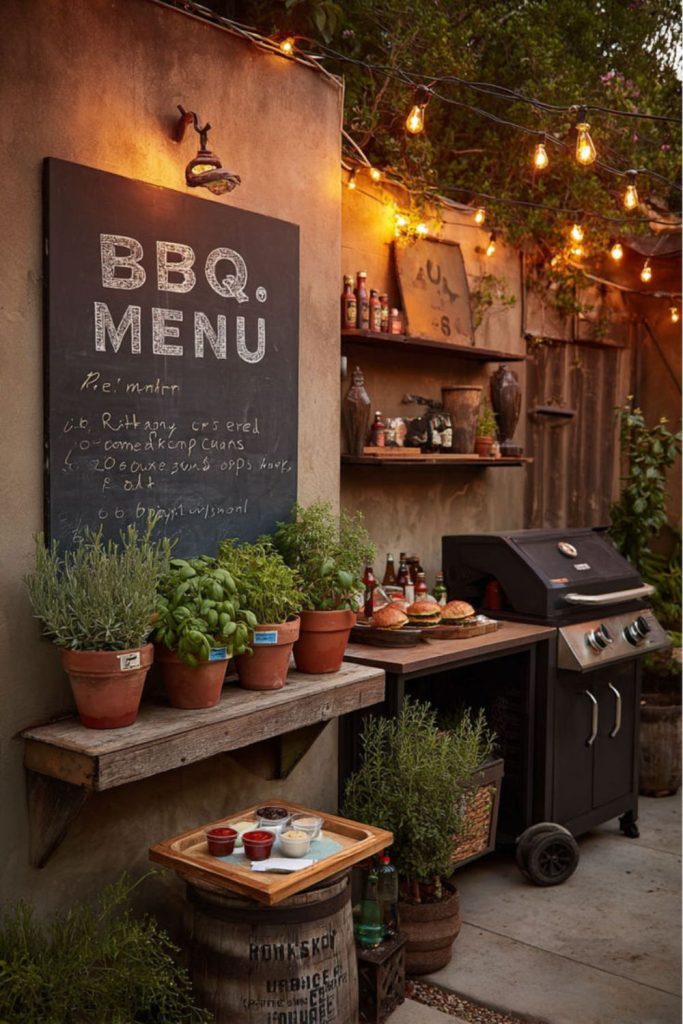 Bucket planter BBQ green backyard corner.
