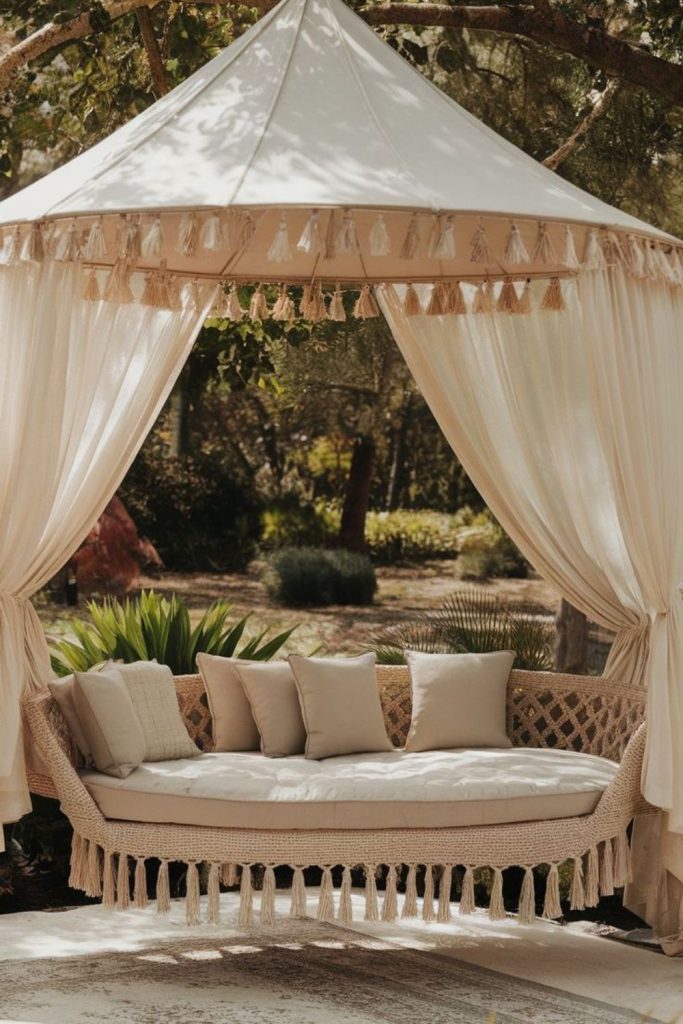 Canopy covered dreamy porch swing seat