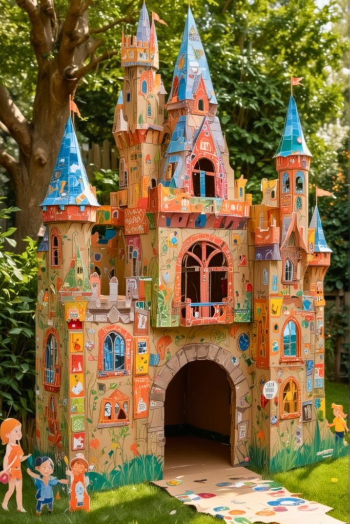 Cardboard castle DIY kids backyard fort.