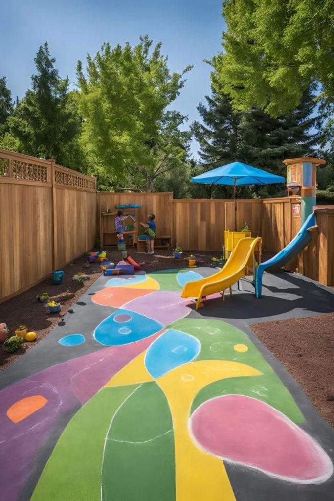 Chalk drawing creative outdoor kids art space.