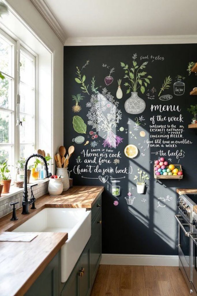 Chalkboard kitchen with creative writable wall surfaces.