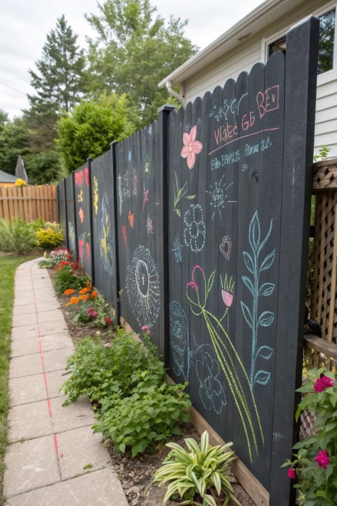 Chalkboard painted interactive fence wall