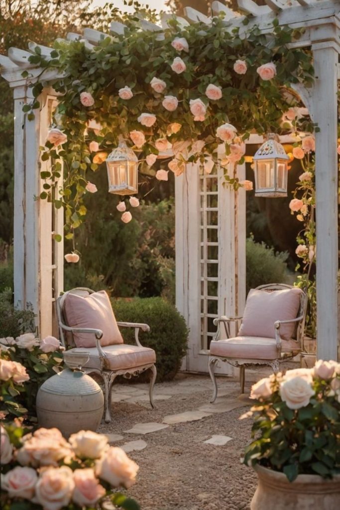 Romantic rose terraced stone garden vintage elegance