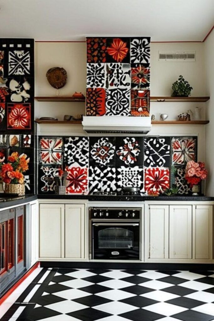 Retro checkerboard kitchen with bold graphic tiles.
